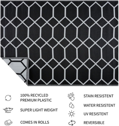Playa Outdoor Rug - Crease-Free Recycled Plastic Floor Mat for Patio, Camping, Beach, Balcony, Porch, Deck - Weather, Water, Stain, Lightweight, Fade and UV Resistant - Miami- Black & White