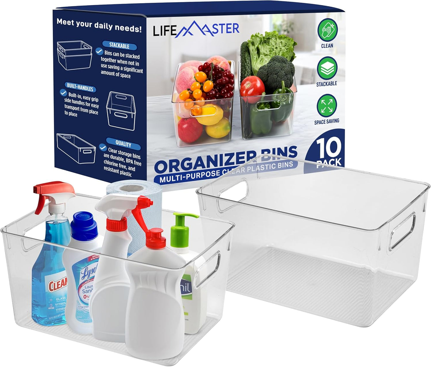 Lifemaster Multi-purpose Refrigerator Bins - 10 pieces Large Capacity Stackable Fridge Bin Organizer with Easy Grip Handles - Clear