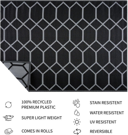 Playa Outdoor Rug - Crease-Free Recycled Plastic Floor Mat for Patio, Camping, Beach, Balcony, Porch, Deck - Weather, Water, Stain, Lightweight, Fade and UV Resistant - Miami- Black & Gray