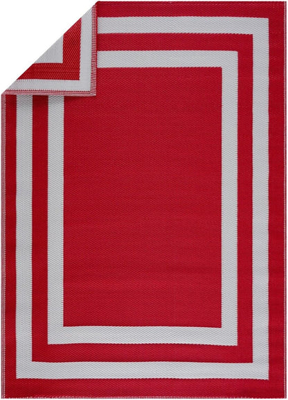 Playa Outdoor Rug - Crease-Free Recycled Plastic Floor Mat for Patio, Camping, Beach, Balcony, Porch, Deck - Weather, Water, Stain, Lightweight, Fade and UV Resistant - Paris- Red & White