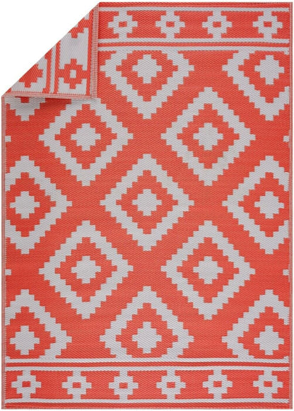 Playa Outdoor Rug - Crease-Free Recycled Plastic Floor Mat for Patio, Camping, Beach, Balcony, Porch, Deck - Weather, Water, Stain, Lightweight, Fade and UV Resistant - Milan- Orange & White