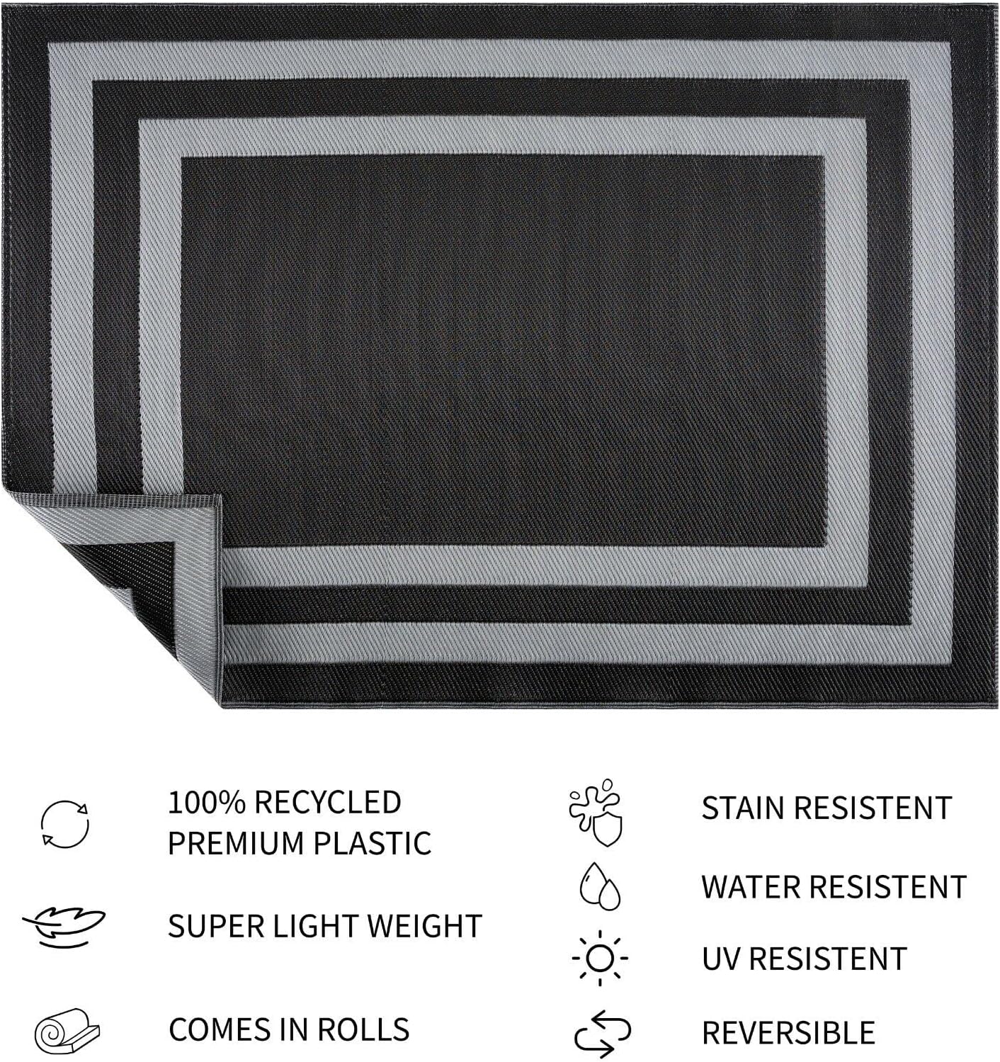 Playa Outdoor Rug - Crease-Free Recycled Plastic Floor Mat for Patio, Camping, Beach, Balcony, Porch, Deck - Weather, Water, Stain, Lightweight, Fade and UV Resistant - Paris- Black & Gray