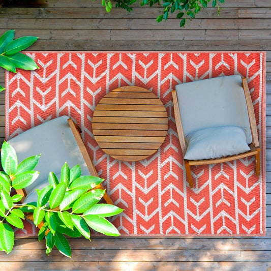 Playa Outdoor Rug - Crease-Free Recycled Plastic Floor Mat for Patio, Camping, Beach, Balcony, Porch, Deck - Weather, Water, Stain, Lightweight, Fade and UV Resistant - Amsterdam- Orange & White
