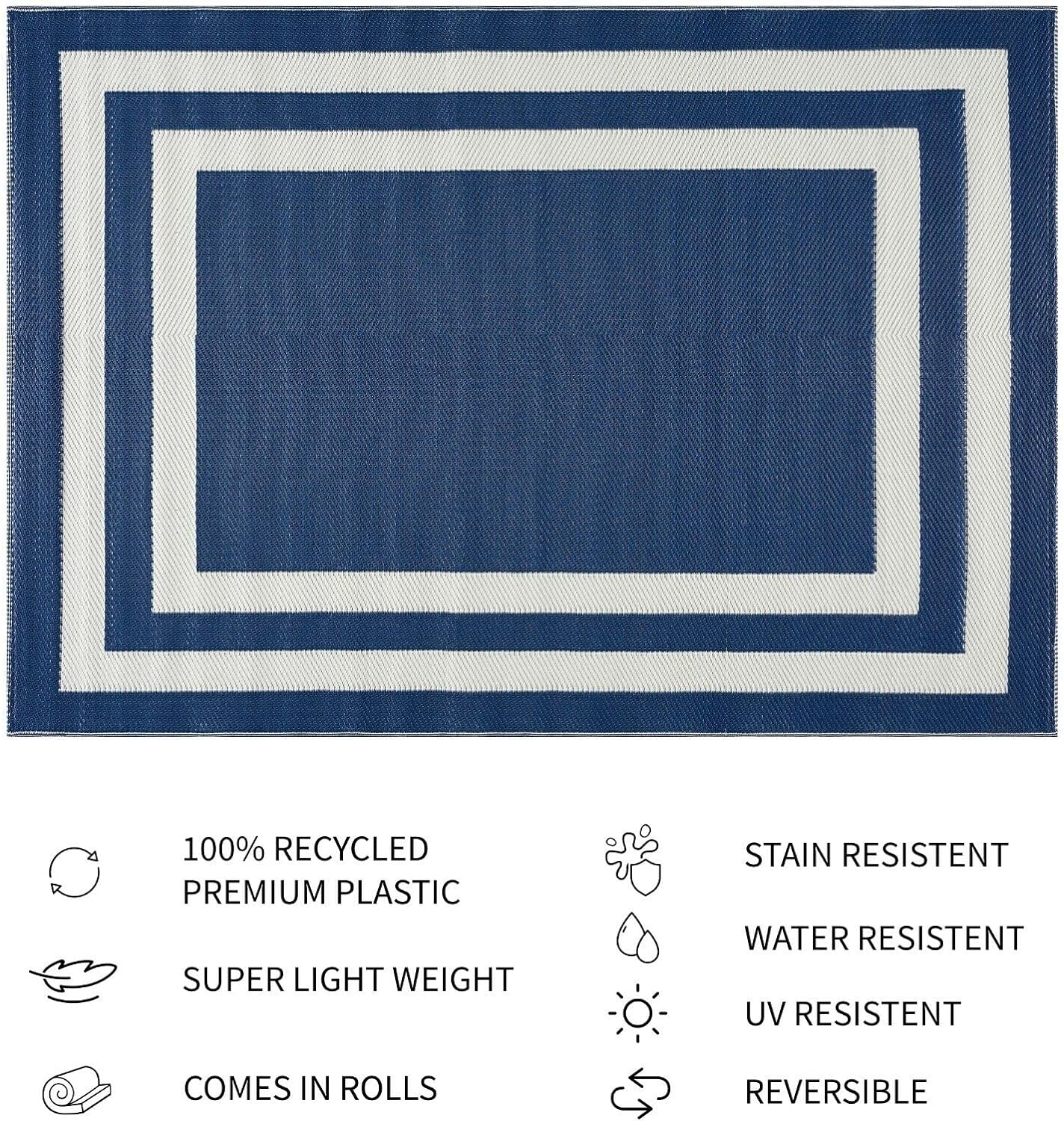 Playa Outdoor Rug - Crease-Free Recycled Plastic Floor Mat for Patio, Camping, Beach, Balcony, Porch, Deck - Weather, Water, Stain, Lightweight, Fade and UV Resistant - Paris- Navy & Creme
