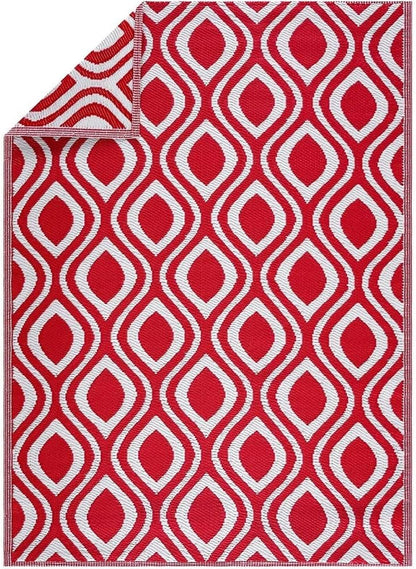 Playa Outdoor Rug - Crease-Free Recycled Plastic Floor Mat for Patio, Camping, Beach, Balcony, Porch, Deck - Weather, Water, Stain, Lightweight, Fade and UV Resistant - Venice- Red & White