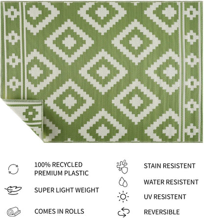 Playa Outdoor Rug - Crease-Free Recycled Plastic Floor Mat for Patio, Camping, Beach, Balcony, Porch, Deck - Weather, Water, Stain, Lightweight, Fade and UV Resistant - Milan- Green & Creme