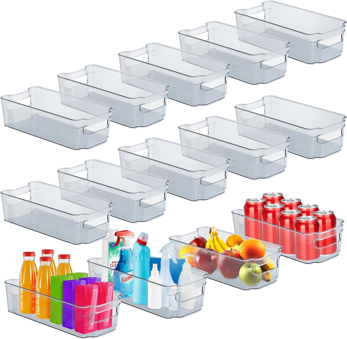 Lifemaster Multi-purpose Refrigerator Bins - 14 pieces Usable and Stackable Design Fridge Bin Organizer with Easy Grip Handles - Clear