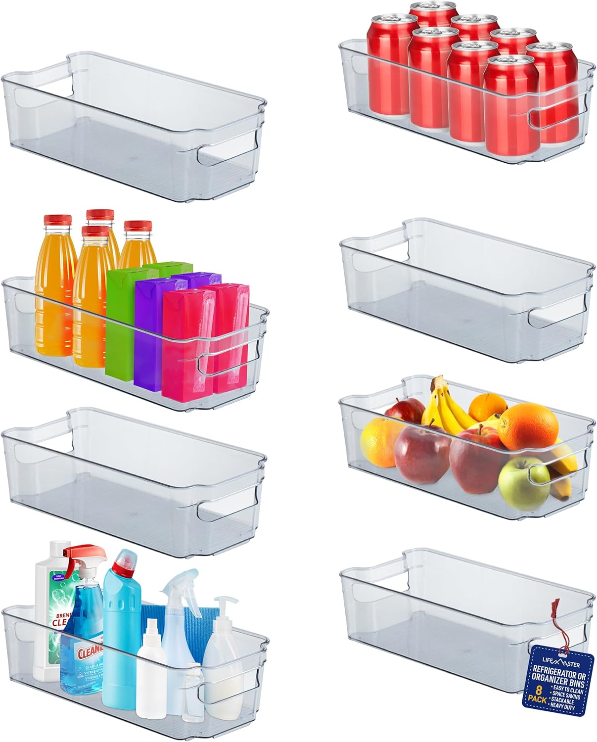 Lifemaster Multi-Purpose Refrigerator Bins - 8 Pieces Usable And Stackable Design Fridge Bin Organizer With Easy Grip Handles - Clear