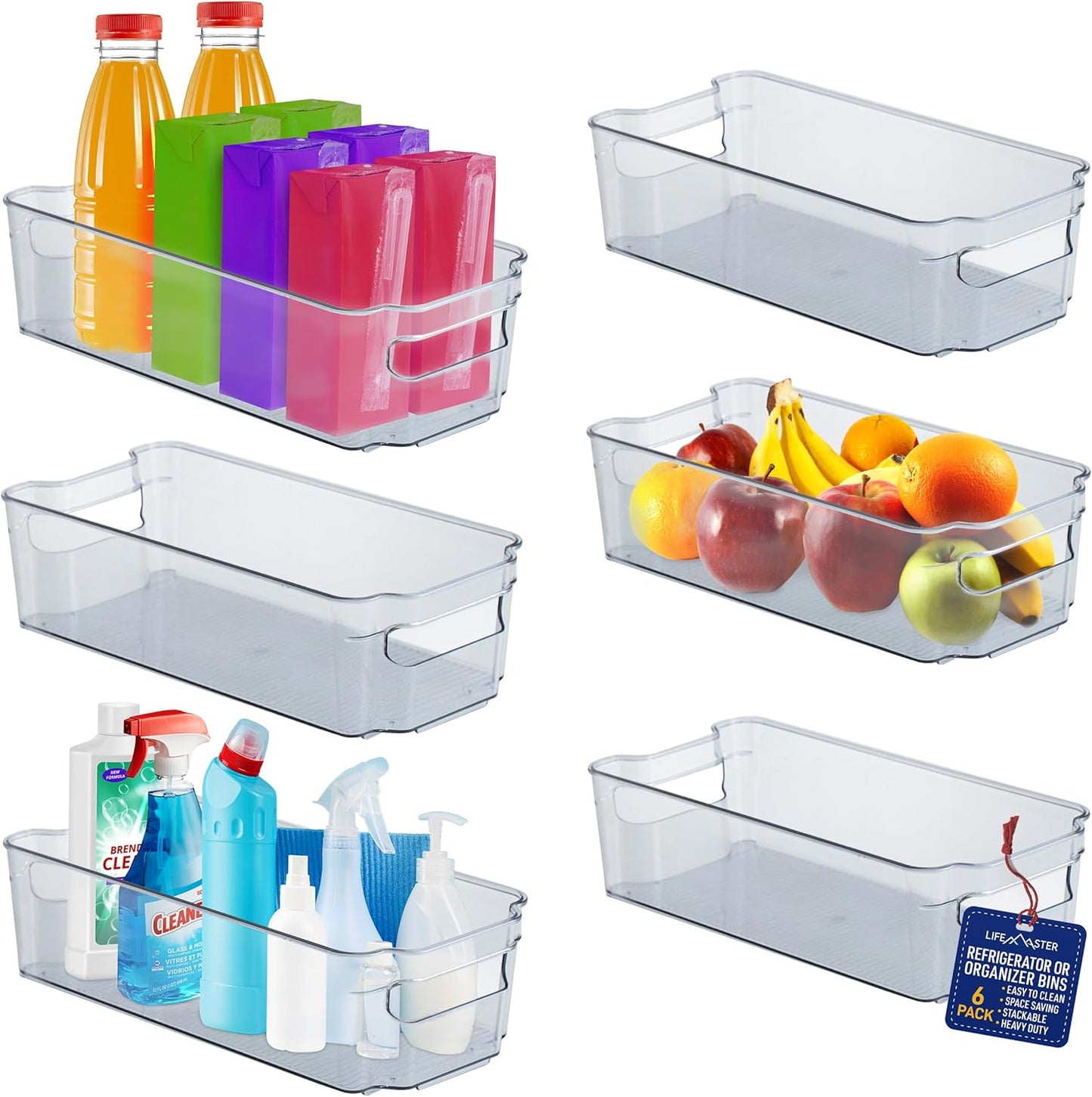 Lifemaster Multi-Purpose Refrigerator Bins - 6 Pieces Usable And Stackable Design Fridge Bin Organizer With Easy Grip Handles - Clear