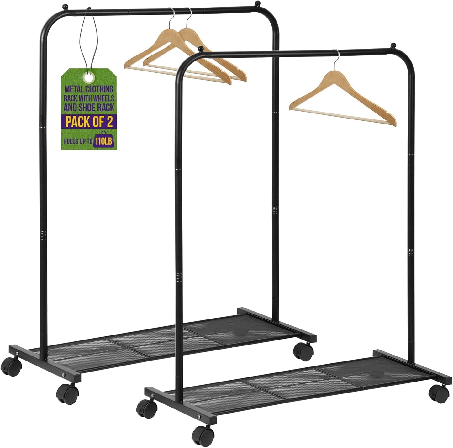 Lifemaster Metal Clothes Rack - Pack of 2 Versatile, Ample Storage Space, Simple Assembly, Hanging Garment and Clothes Rolling Rack with Wheels - Black