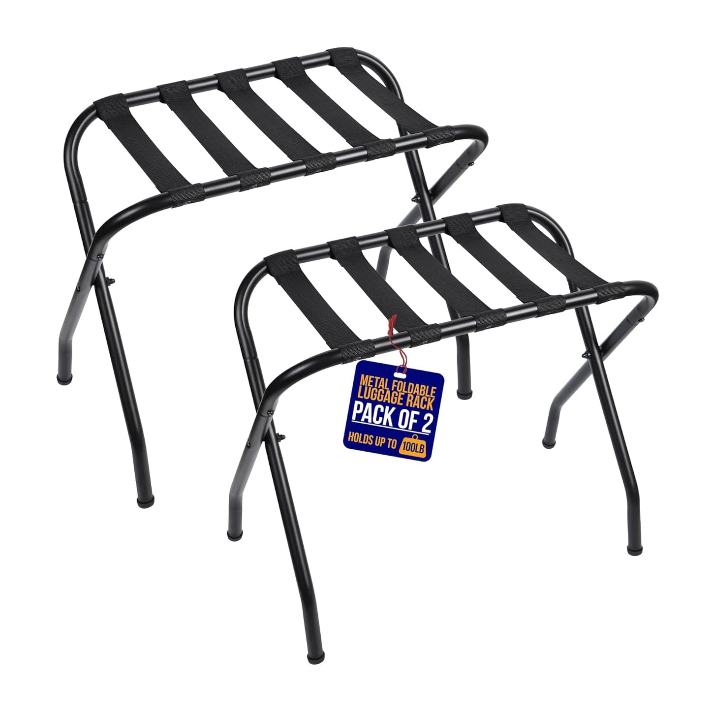 Lifemaster Metal Luggage Rack - Pack of 2 Foldable, Easy Assembly, Space Saving, and Stylish Steel Frame Guest Suitcase Stands with  Nylon Straps - Black