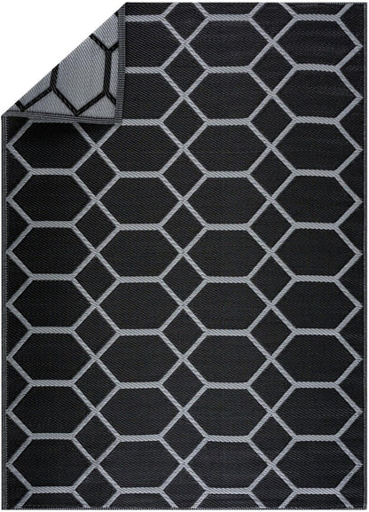 Playa Outdoor Rug - Crease-Free Recycled Plastic Floor Mat for Patio, Camping, Beach, Balcony, Porch, Deck - Weather, Water, Stain, Lightweight, Fade and UV Resistant - Miami- Black & Gray