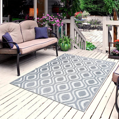 Playa Outdoor Rug - Crease-Free Recycled Plastic Floor Mat for Patio, Camping, Beach, Balcony, Porch, Deck - Weather, Water, Stain, Lightweight, Fade and UV Resistant - Venice- Gray & White