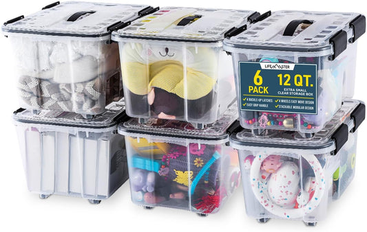 Lifemaster Stackable Storage Box Set - 6 Pieces 12 Quarts Multi-purpose, Space-Efficient Stackable Storage Boxes with Nestable Design, Secure Latches, Easy-Move Wheels & Pull-Out Base - Clear