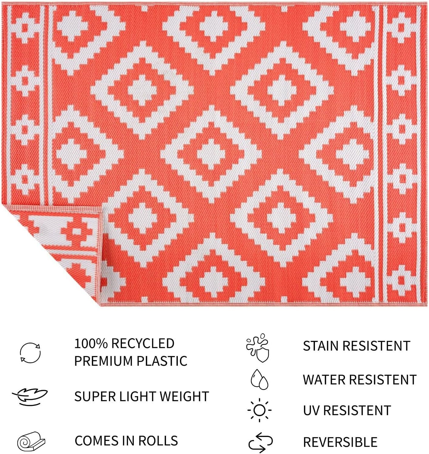 Playa Outdoor Rug - Crease-Free Recycled Plastic Floor Mat for Patio, Camping, Beach, Balcony, Porch, Deck - Weather, Water, Stain, Lightweight, Fade and UV Resistant - Milan- Orange & White