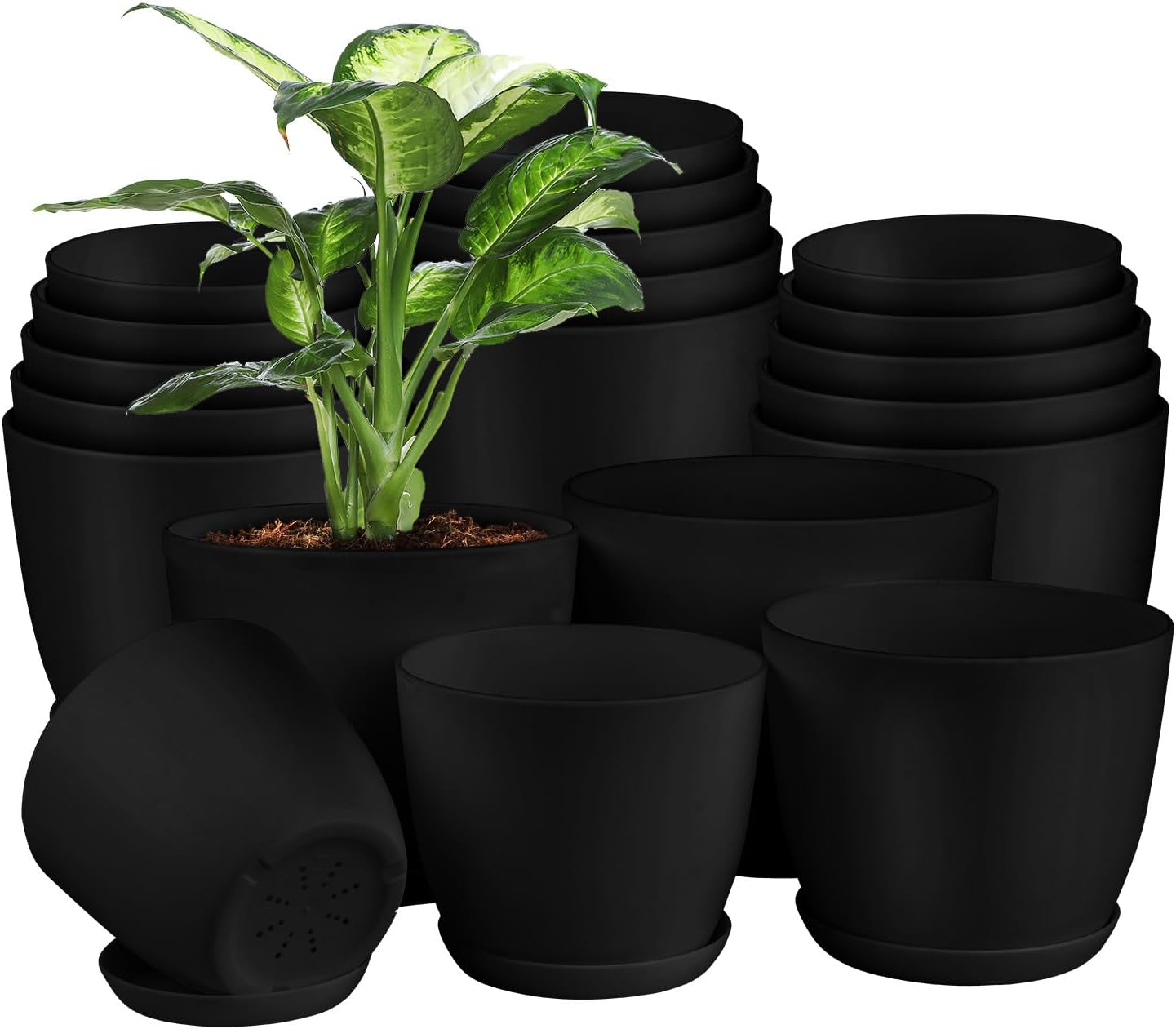 Lifemaster Plant Pots with Multi Drainage Holes - 20 Pieces Versatile, Sturdy Plastic, Stackable Design Home Decor Flower Pots for Indoor and Outdoor Gardening - Black