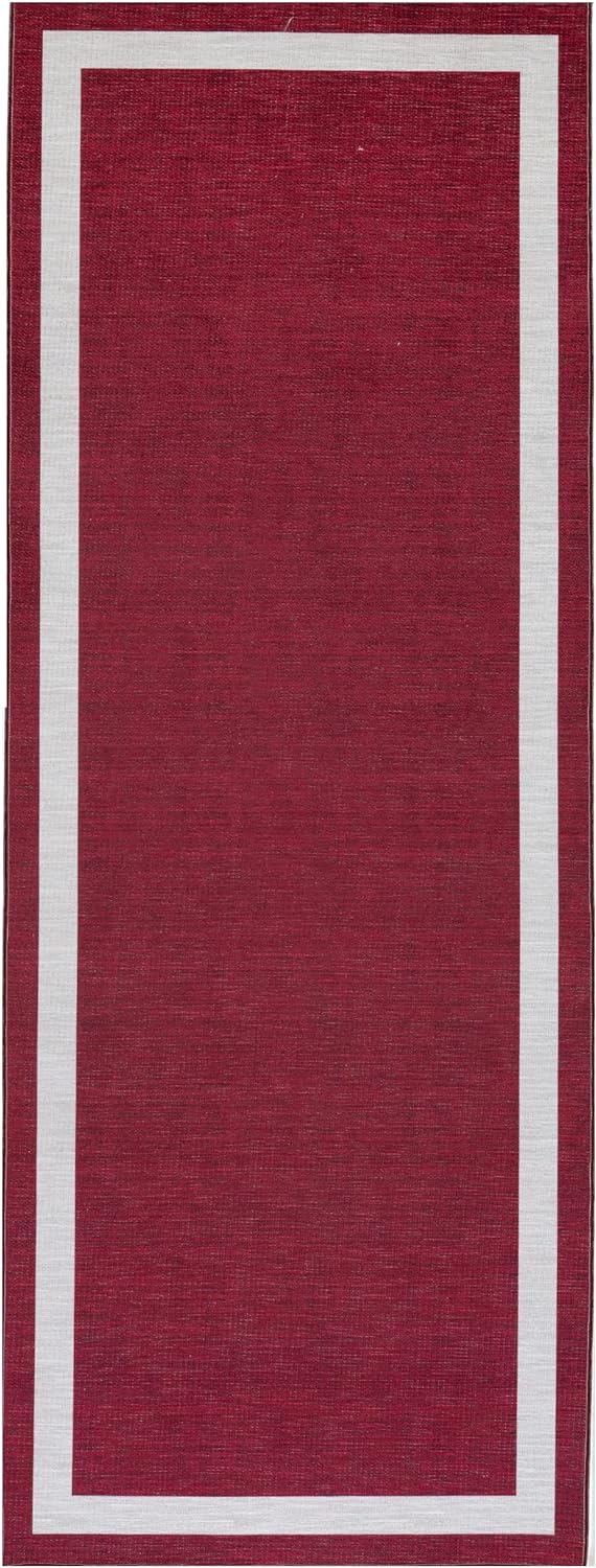 Playa Rug Machine Washable Area Rug With Non Slip Backing - Stain Resistant - Eco Friendly - Family and Pet Friendly - Everest Geometric Modern Bordered Burgundy&Creme Design