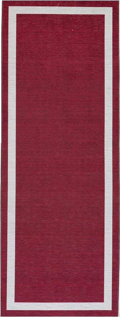 Playa Rug Machine Washable Area Rug With Non Slip Backing - Stain Resistant - Eco Friendly - Family and Pet Friendly - Everest Geometric Modern Bordered Burgundy&Creme Design