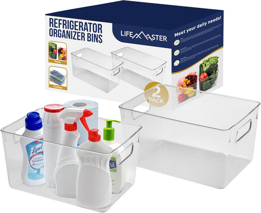 Lifemaster Multi-purpose Refrigerator Bins - 2 pieces Large Capacity Stackable Fridge Bin Organizer with Easy Grip Handles - Clear