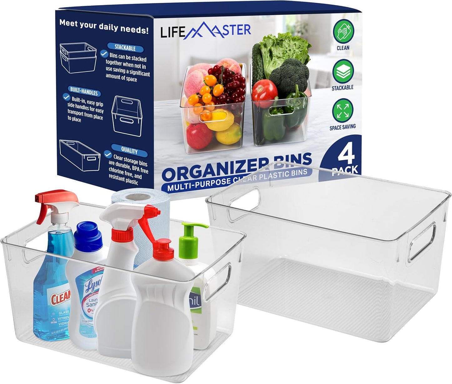 Lifemaster Multi-purpose Refrigerator Bins - 4 pieces Large Capacity Stackable Fridge Bin Organizer with Easy Grip Handles - Clear