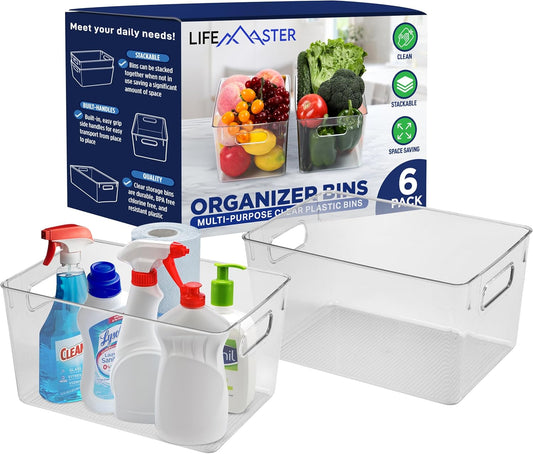 Lifemaster Multi-purpose Refrigerator Bins - 6 pieces Large Capacity Stackable Fridge Bin Organizer with Easy Grip Handles - Clear