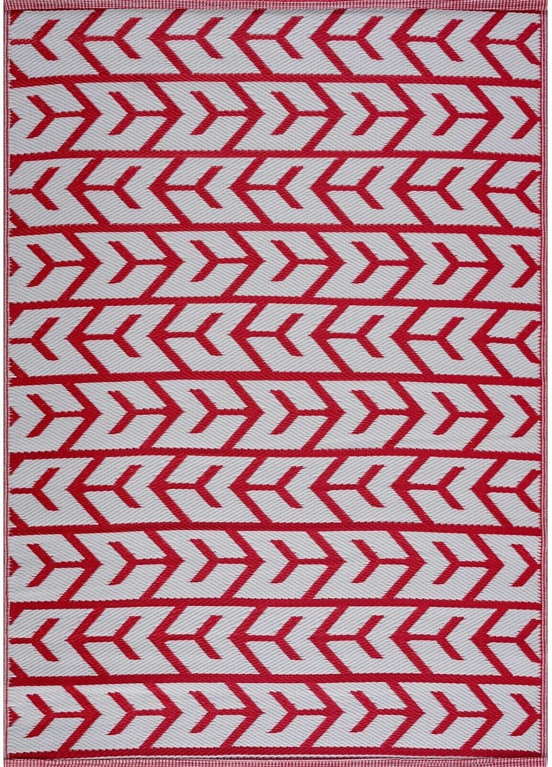 Playa Outdoor Rug - Crease-Free Recycled Plastic Floor Mat for Patio, Camping, Beach, Balcony, Porch, Deck - Weather, Water, Stain, Lightweight, Fade and UV Resistant - Amsterdam- Red & White