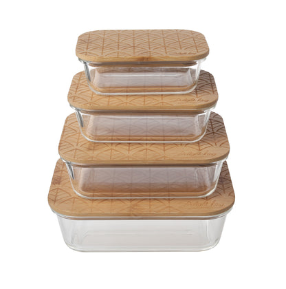 Delight King 4-Piece Set, High Borosilicate Glass Food Storage Containers with Eco-Friendly Bamboo Lids - Microwave, Oven, Freezer, Dishwasher Safe - Meal Prep, Fridge Organizer, Clear Storage Bins