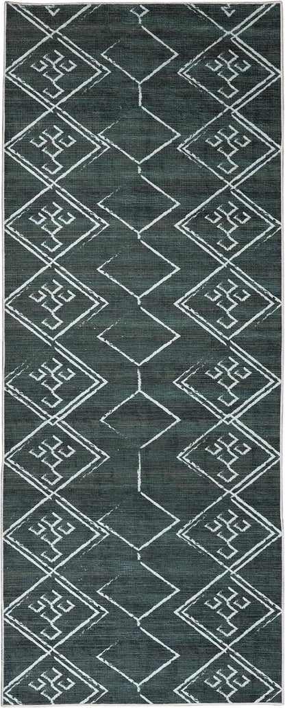 Playa Rug Machine Washable Area Rug With Non Slip Backing - Stain Resistant - Eco Friendly - Family and Pet Friendly - Aspen Tribal Moroccan Bohemian Green&Creme Design