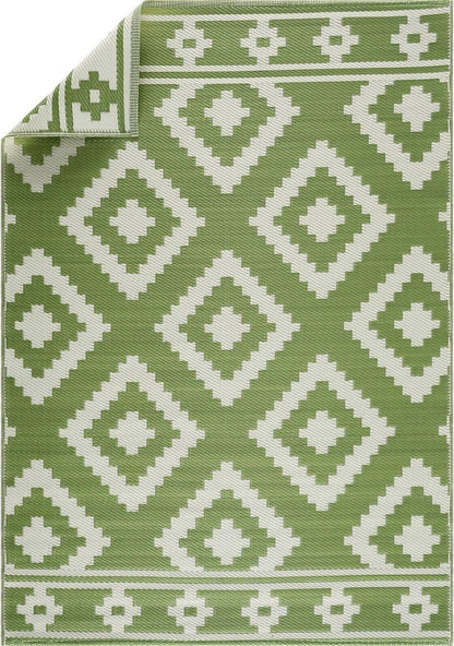 Playa Outdoor Rug - Crease-Free Recycled Plastic Floor Mat for Patio, Camping, Beach, Balcony, Porch, Deck - Weather, Water, Stain, Lightweight, Fade and UV Resistant - Milan- Green & Creme