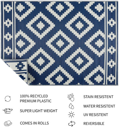 Playa Outdoor Rug - Crease-Free Recycled Plastic Floor Mat for Patio, Camping, Beach, Balcony, Porch, Deck - Weather, Water, Stain, Lightweight, Fade and UV Resistant - Milan- Navy & Creme