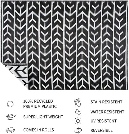 Playa Outdoor Rug - Crease-Free Recycled Plastic Floor Mat for Patio, Camping, Beach, Balcony, Porch, Deck - Weather, Water, Stain, Lightweight, Fade and UV Resistant - Amsterdam- Black & White