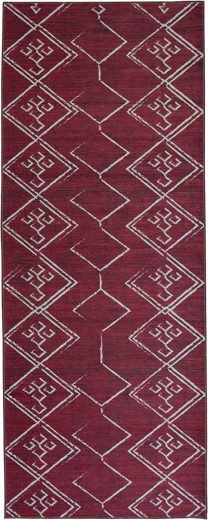 Playa Rug Machine Washable Area Rug With Non Slip Backing - Stain Resistant - Eco Friendly - Family and Pet Friendly - Aspen Tribal Moroccan Bohemian Burgundy&Creme Design