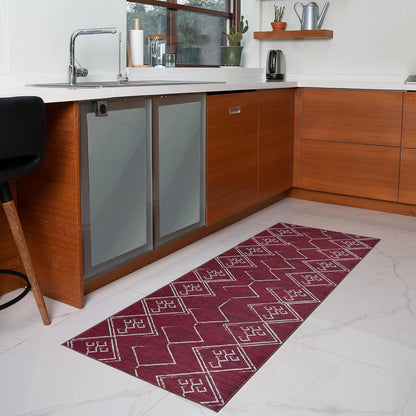 Playa Rug Machine Washable Area Rug With Non Slip Backing - Stain Resistant - Eco Friendly - Family and Pet Friendly - Aspen Tribal Moroccan Bohemian Burgundy&Creme Design