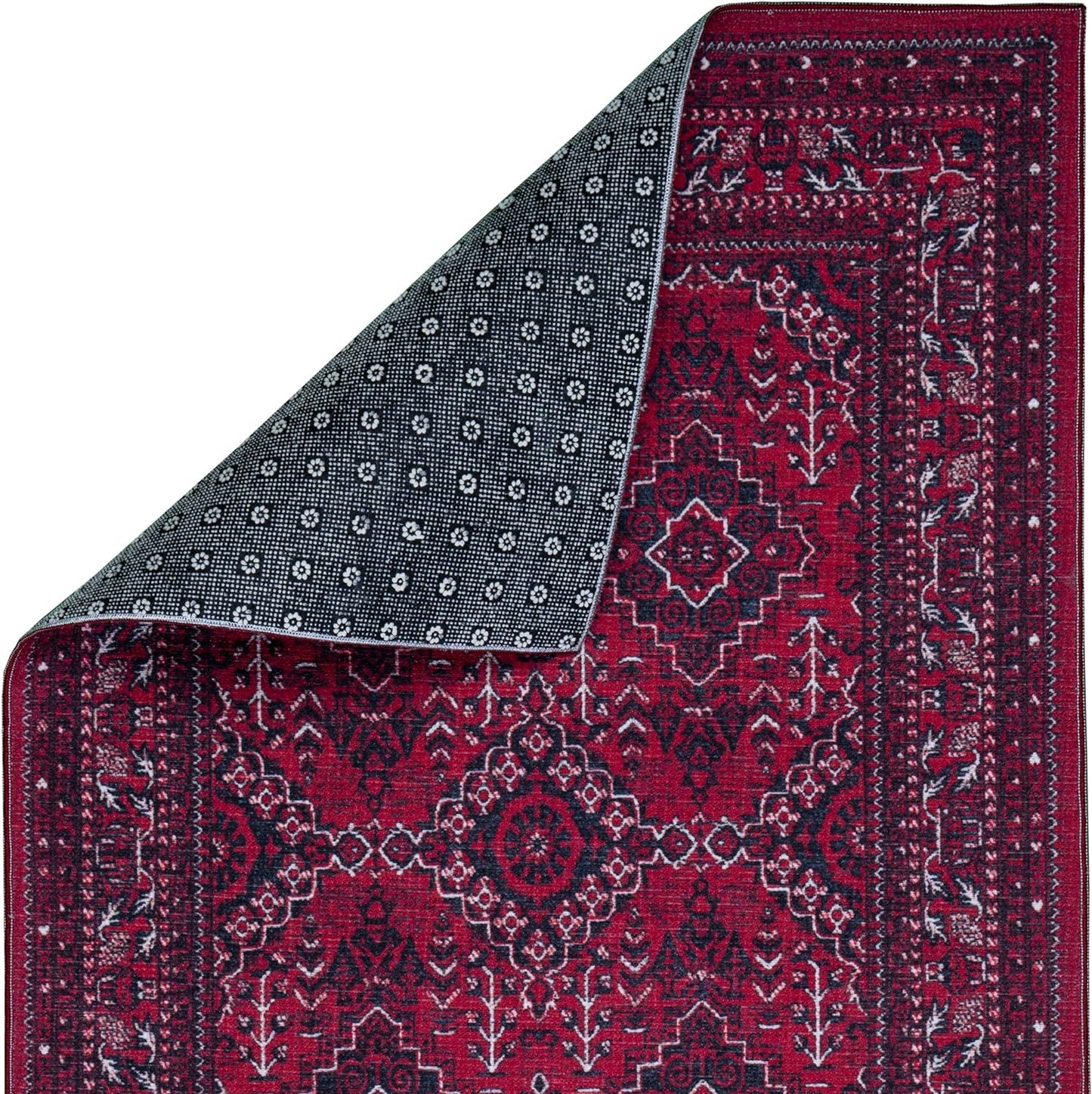 Playa Rug Machine Washable Area Rug With Non Slip Backing - Stain Resistant - Eco Friendly - Family and Pet Friendly - Denali Turkoman Bokhara Oriental Burgundy Design