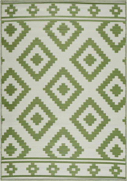 Playa Outdoor Rug - Crease-Free Recycled Plastic Floor Mat for Patio, Camping, Beach, Balcony, Porch, Deck - Weather, Water, Stain, Lightweight, Fade and UV Resistant - Milan- Green & Creme