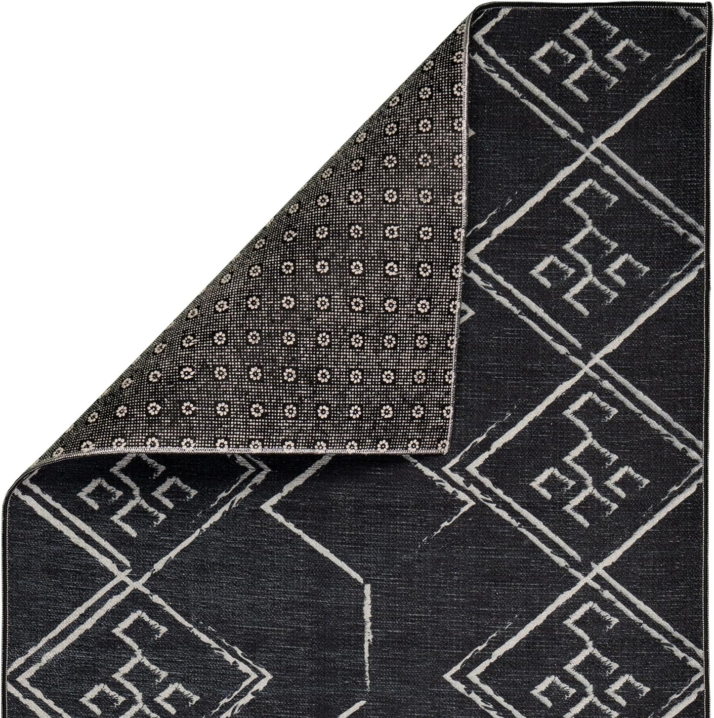 Playa Rug Machine Washable Area Rug With Non Slip Backing - Stain Resistant - Eco Friendly - Family and Pet Friendly - Aspen Tribal Moroccan Bohemian Black&Creme Design