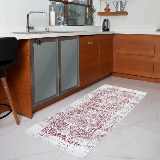 Playa Rug Machine Washable Area Rug With Non Slip Backing - Stain Resistant - Eco Friendly - Family and Pet Friendly - Himalayas Traditional Floral Abstract Burgundy&Creme Design
