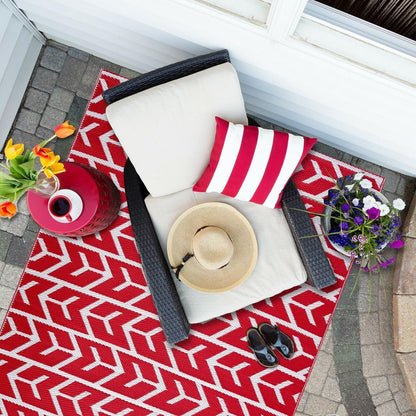 Playa Outdoor Rug - Crease-Free Recycled Plastic Floor Mat for Patio, Camping, Beach, Balcony, Porch, Deck - Weather, Water, Stain, Lightweight, Fade and UV Resistant - Amsterdam- Red & White