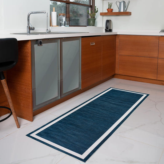 Playa Rug Machine Washable Area Rug With Non Slip Backing - Stain Resistant - Eco Friendly - Family and Pet Friendly - Everest Geometric Modern Bordered Navy&Creme Design