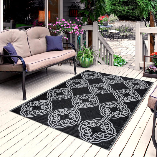 Playa Outdoor Rug - Crease-Free Recycled Plastic Floor Mat for Patio, Camping, Beach, Balcony, Porch, Deck - Weather, Water, Stain, Lightweight, Fade and UV Resistant - Marrakesh- Black & White