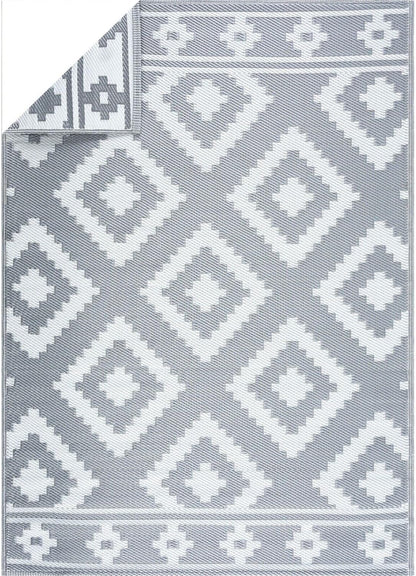 Playa Outdoor Rug - Crease-Free Recycled Plastic Floor Mat for Patio, Camping, Beach, Balcony, Porch, Deck - Weather, Water, Stain, Lightweight, Fade and UV Resistant - Milan- Gray & White