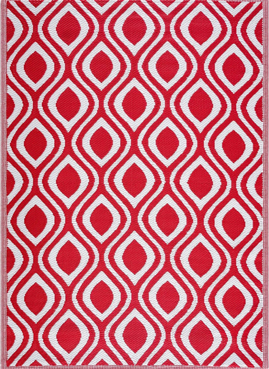 Playa Outdoor Rug - Crease-Free Recycled Plastic Floor Mat for Patio, Camping, Beach, Balcony, Porch, Deck - Weather, Water, Stain, Lightweight, Fade and UV Resistant - Venice- Red & White