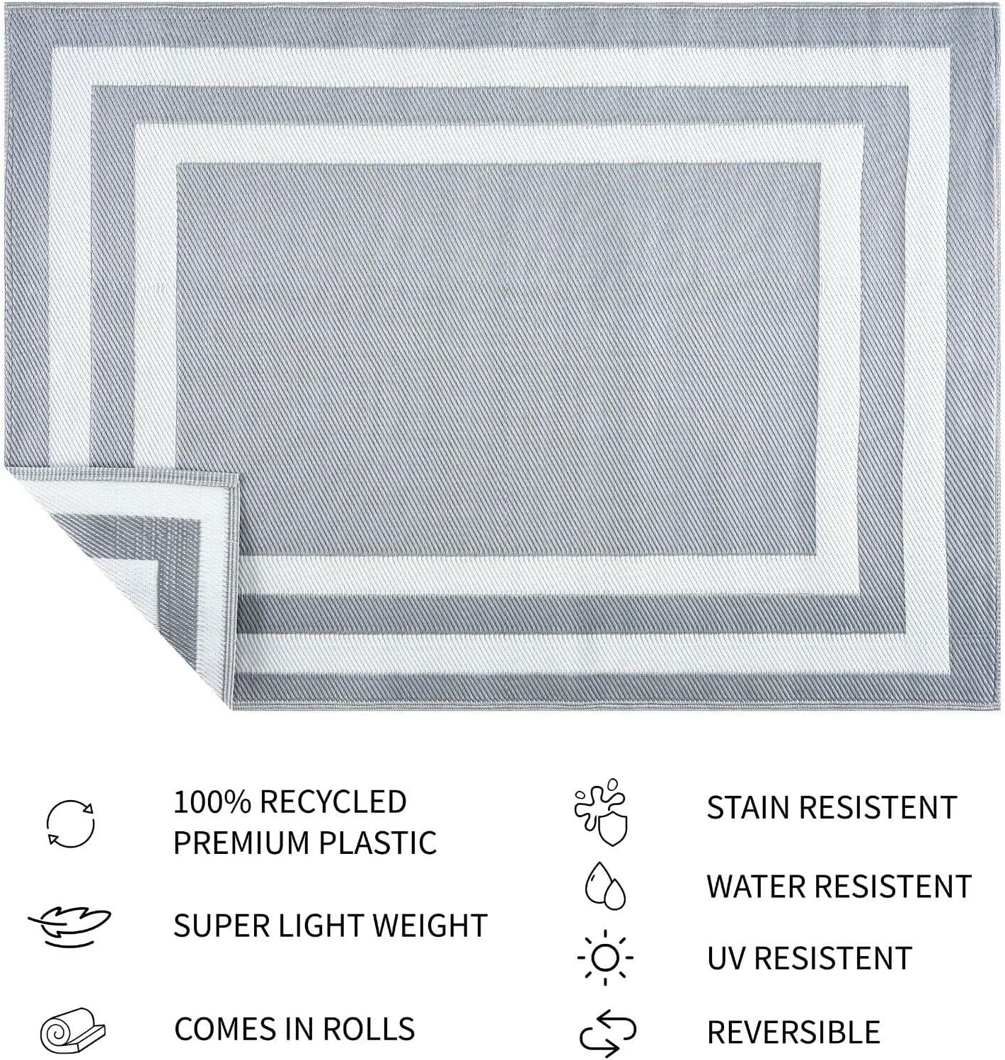 Playa Outdoor Rug - Crease-Free Recycled Plastic Floor Mat for Patio, Camping, Beach, Balcony, Porch, Deck - Weather, Water, Stain, Lightweight, Fade and UV Resistant - Paris- Gray & White