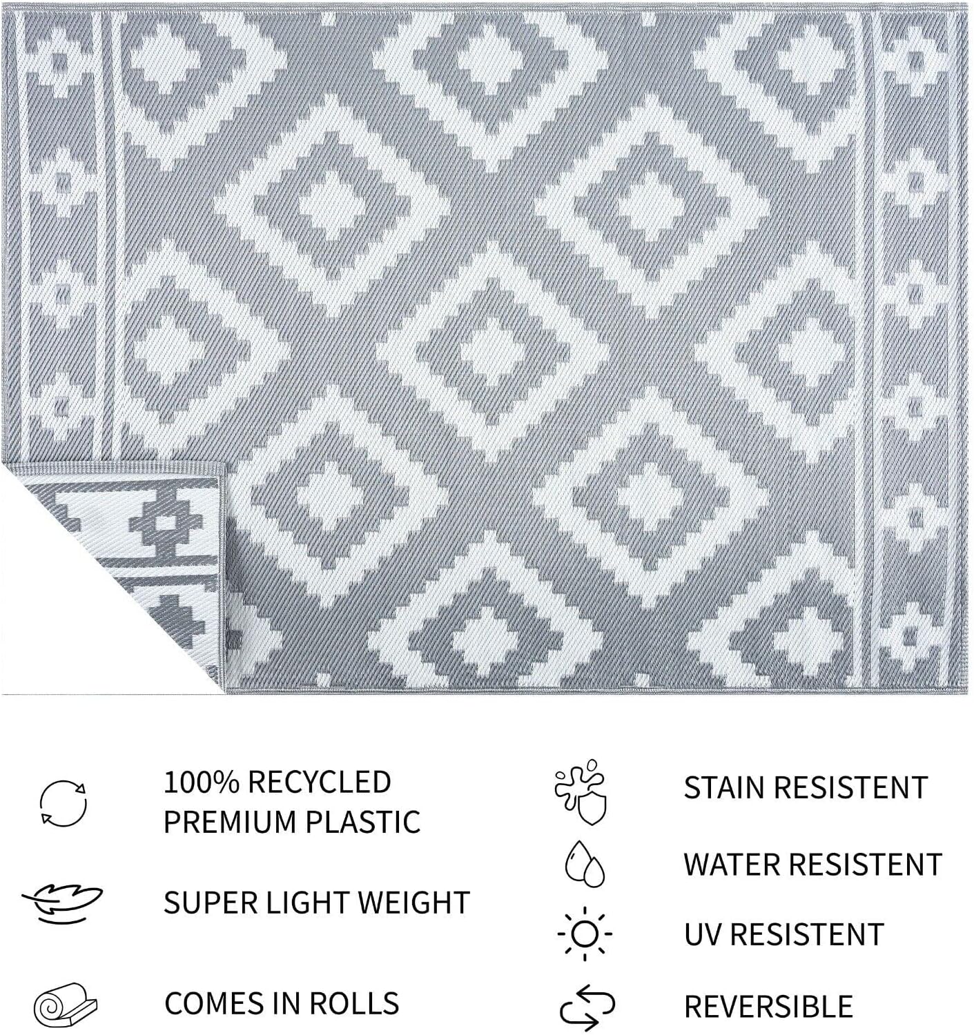 Playa Outdoor Rug - Crease-Free Recycled Plastic Floor Mat for Patio, Camping, Beach, Balcony, Porch, Deck - Weather, Water, Stain, Lightweight, Fade and UV Resistant - Milan- Gray & White