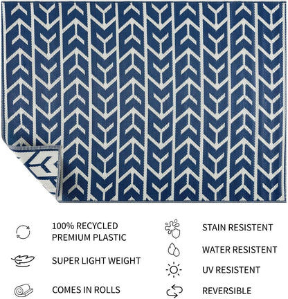Playa Outdoor Rug - Crease-Free Recycled Plastic Floor Mat for Patio, Camping, Beach, Balcony, Porch, Deck - Weather, Water, Stain, Lightweight, Fade and UV Resistant - Amsterdam- Navy & Creme
