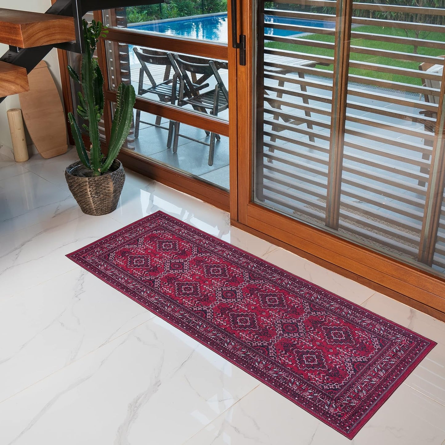 Playa Rug Machine Washable Area Rug With Non Slip Backing - Stain Resistant - Eco Friendly - Family and Pet Friendly - Denali Turkoman Bokhara Oriental Burgundy Design