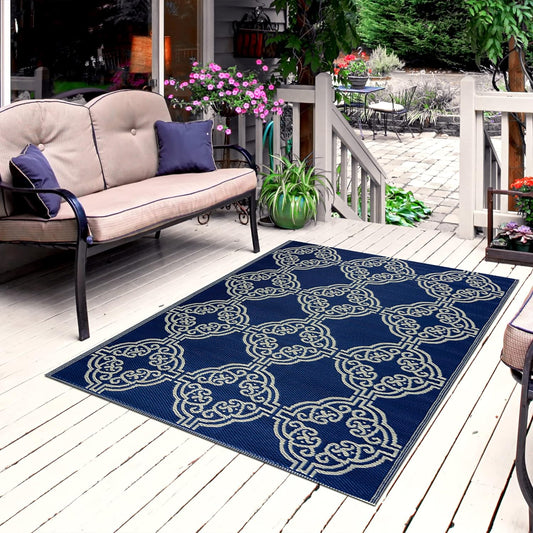 Playa Outdoor Rug - Crease-Free Recycled Plastic Floor Mat for Patio, Camping, Beach, Balcony, Porch, Deck - Weather, Water, Stain, Lightweight, Fade and UV Resistant - Marrakesh- Navy & Creme