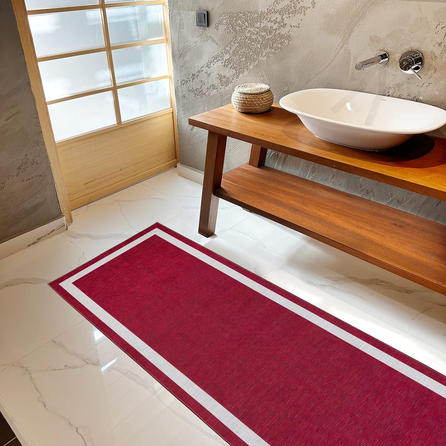 Playa Rug Machine Washable Area Rug With Non Slip Backing - Stain Resistant - Eco Friendly - Family and Pet Friendly - Everest Geometric Modern Bordered Burgundy&Creme Design