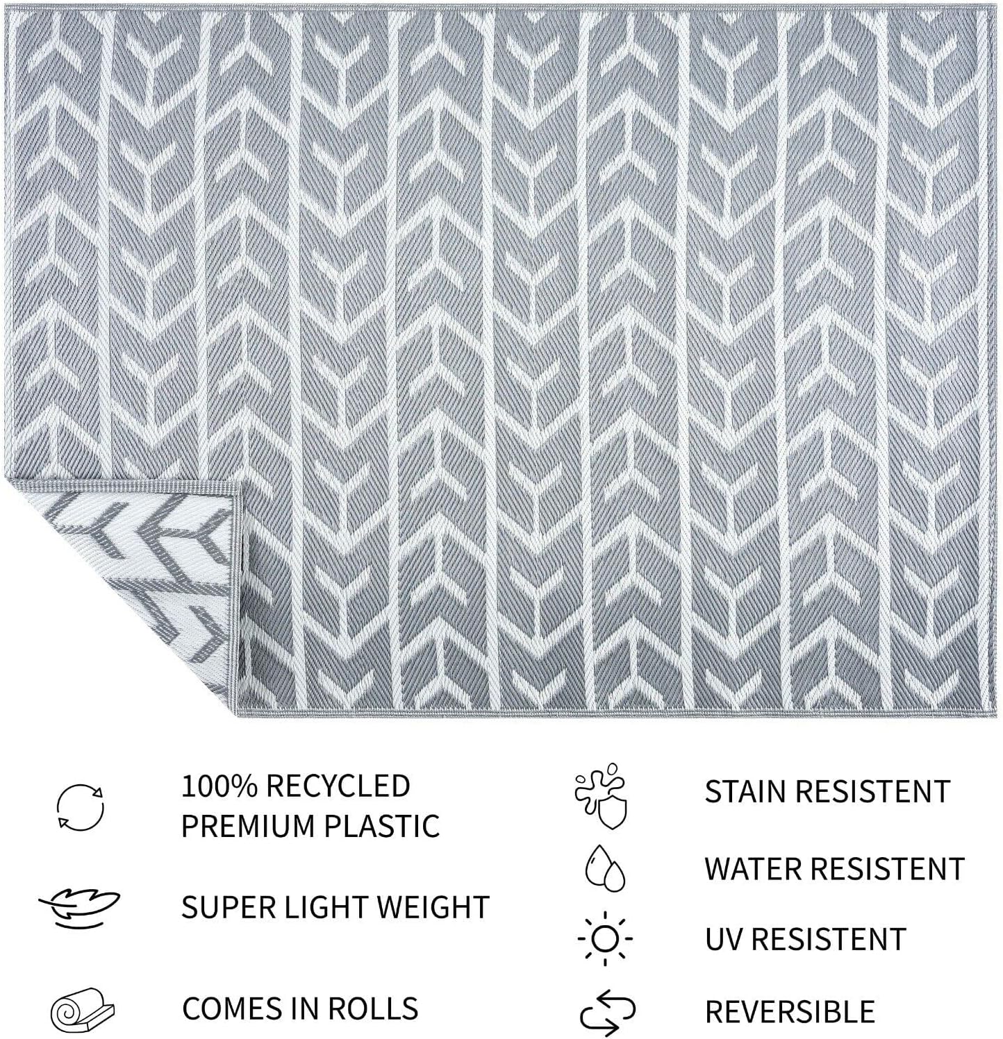 Playa Outdoor Rug - Crease-Free Recycled Plastic Floor Mat for Patio, Camping, Beach, Balcony, Porch, Deck - Weather, Water, Stain, Lightweight, Fade and UV Resistant - Amsterdam- Gray & White