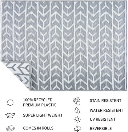 Playa Outdoor Rug - Crease-Free Recycled Plastic Floor Mat for Patio, Camping, Beach, Balcony, Porch, Deck - Weather, Water, Stain, Lightweight, Fade and UV Resistant - Amsterdam- Gray & White